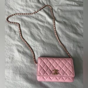 Authentic Chanel Light Pink Caviar Leather Wallet On Chain Bag